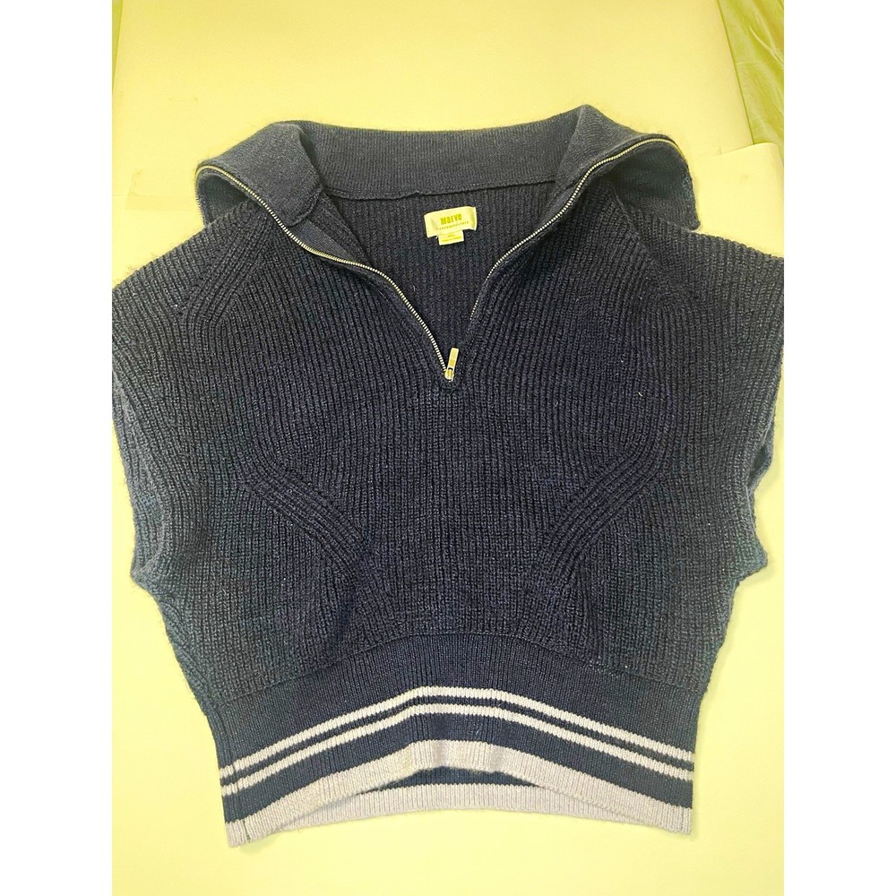 Anthropologie Women's S Navy Gray Striped Mock Neck Knit 1/4 Zip Sweater Vest
